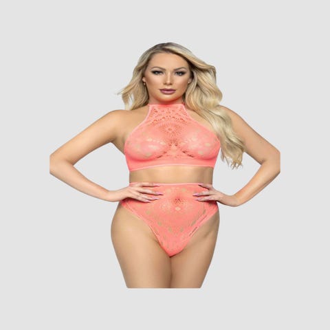 Ensemble 2 Pièces 81552 Dentelle Corail Fluo