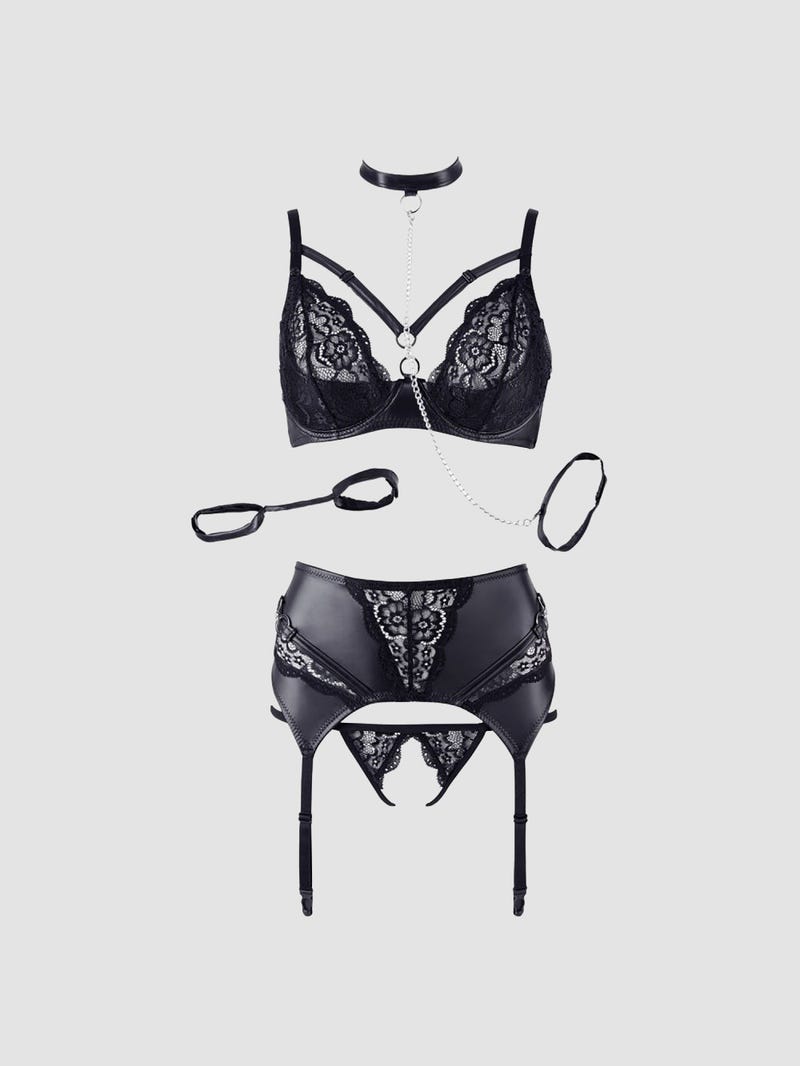 Ensemble 3 Pièces Effet Cuir & Dentelle Avec Laisse Noir