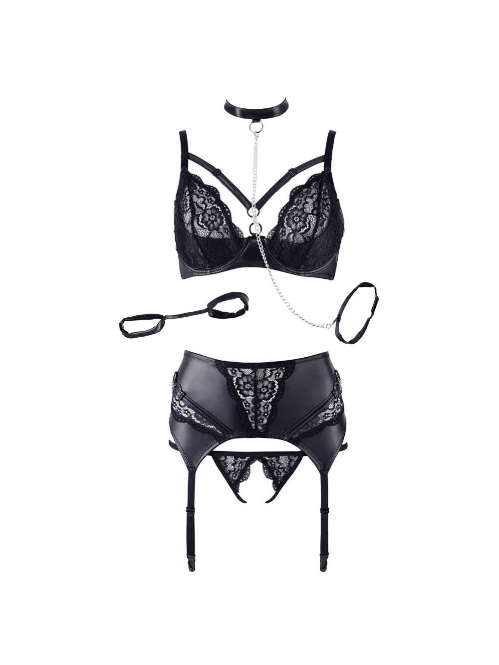 Ensemble 3 Pièces Effet Cuir & Dentelle Avec Laisse Noire