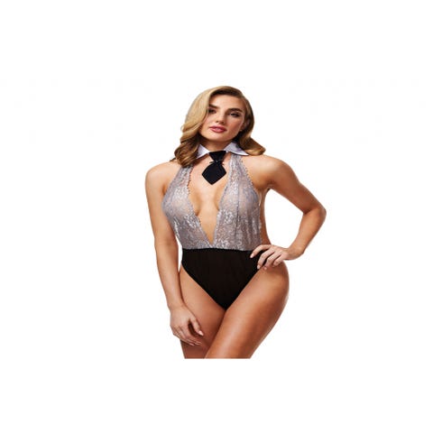 Costume Étudiante Sexy avec Cravate Dentelle Noir & Gris