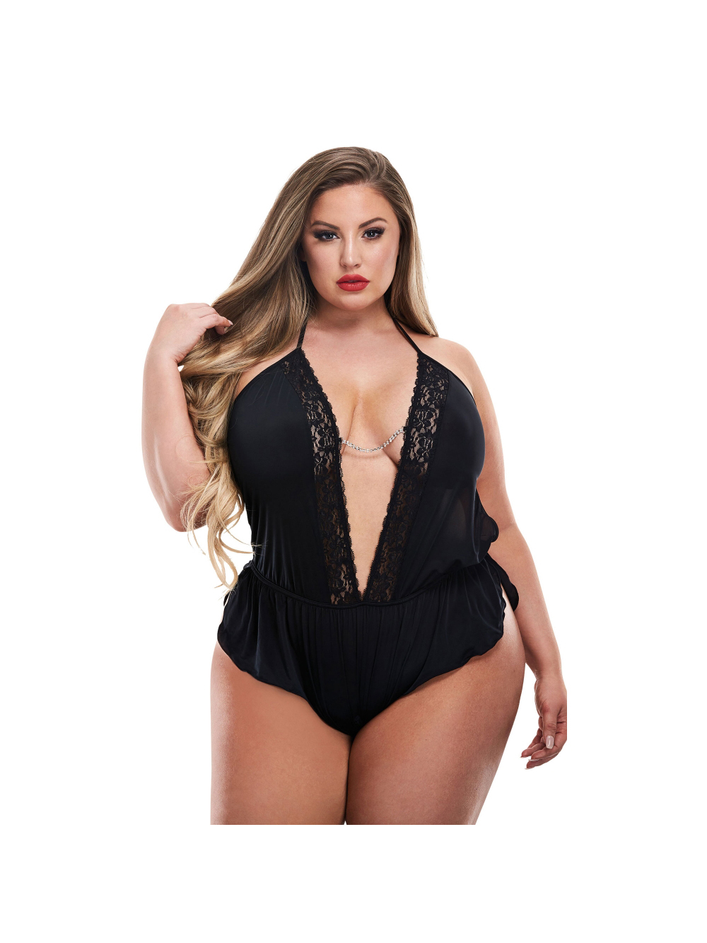 Body Aperto Taglie Forti in Raso e Pizzo Nero main product photo