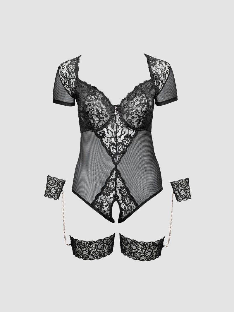 Body Ouvert, Jarretières & Menottes Dentelle Noir