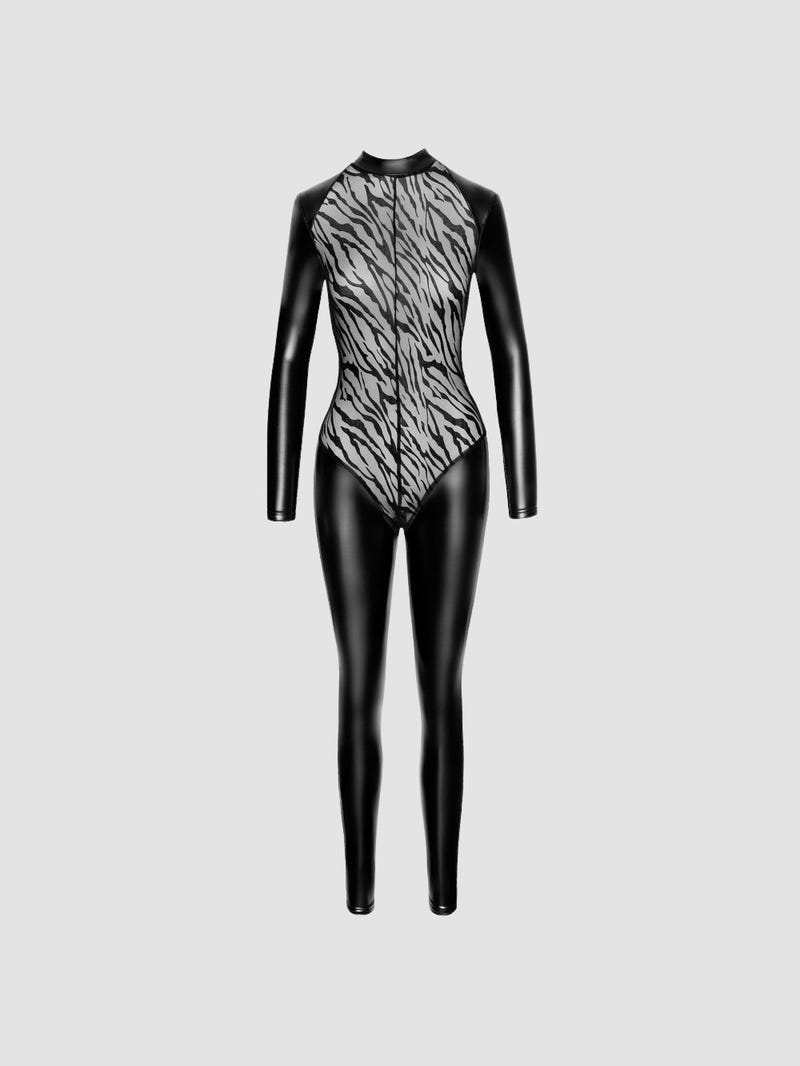 Combinaison Maille Transparente & Wetlook Motif Tigre Noire