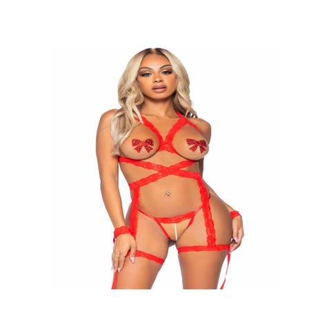 Ensemble 3 Pièces 81640 Harnais & Menottes Dentelle Rouge