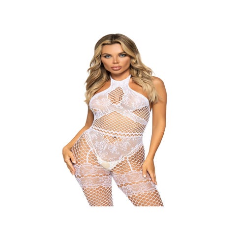 Combinaison Ouverte 89291 Résille & Dentelle Blanche