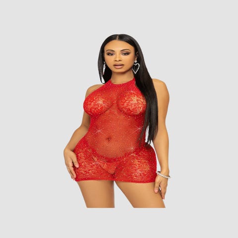 Robe Mini 86134 Résille & Strass Rouge