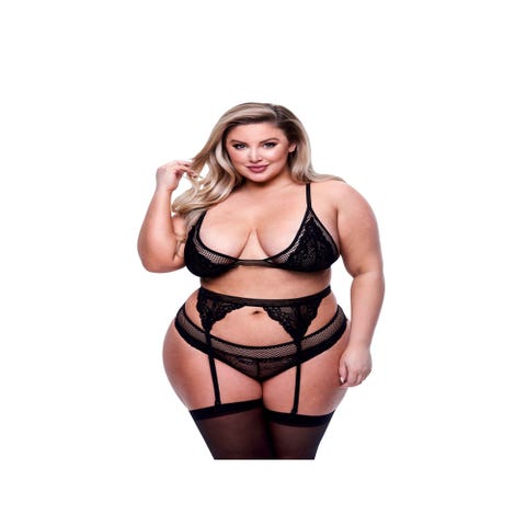 Ensemble 3 pièces dentelle & résille noir GT
